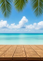 Fototapeta premium Tropical Beach View Through Wooden Deck Planks Under Clear Blue Sky