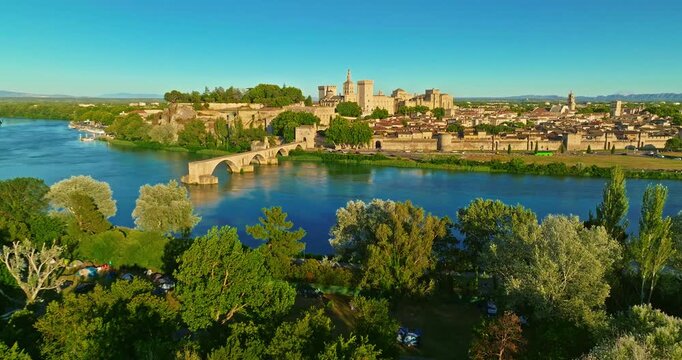 Aerial view of french town of Avignon on Rhone river in Provence with medieval architecture in the south of France. Bridge Avignon and Palace