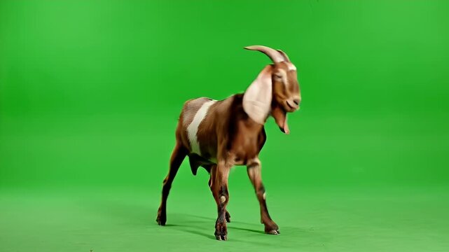 Brown and White Goat Walking on Green Screen Background.