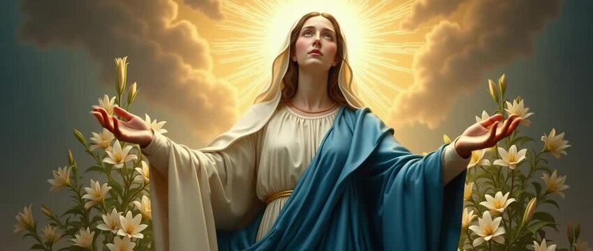 Virgin Mary in divine light, surrounded by lilies, serene ascension scene, classical religious art, Marian devotion video concept