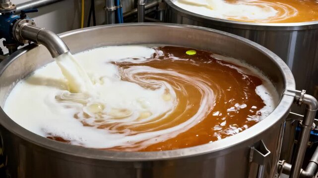 Medium shot of lime dosing tanks showing dynamic mixing of milk of lime into raw juice for effective clarification in an industrial setting.