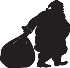 black and white vector silhouette of Santa Claus with gift bag