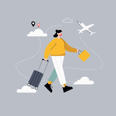 Young Woman Traveler Walking with Suitcase Vector Illustration