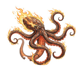 Obraz premium Menacing fiery octopus creature burning intensely with glowing eyes and powerful tentacles emerging from smoke
