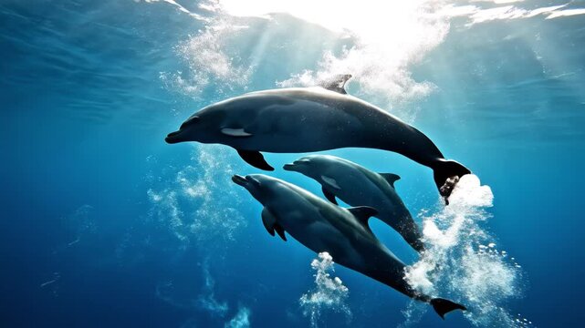 Playful dolphin pod swimming beneath sunlit ocean surface clear blue water bubbles and motion conveying joyful energy playful dolphin ocean underwater sunbeam marine mammal pod three dolphins