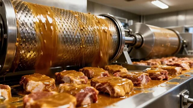 Shot focusing on mechanical tumbling drums softly rotating blending marinade thoroughly into meat cuts to ensure consistent flavor penetration and product quality.