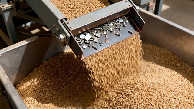 Medium shot showing hoppermounted magnetic separator capturing metal fragments above a grain hopper ensuring clean product before packaging.