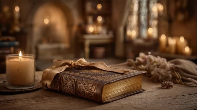Book lies on wooden table in warm environment surrounded by lit candles. Soft light creates an inviting atmosphere. Concept of home decor, cozy ambiance, reading nook