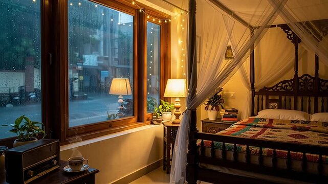 Cozy Bedroom with FourPoster Bed and Large Window Overlooking a Rainy Scene.