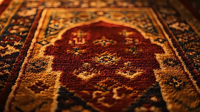 Intricate patterns on a traditional oriental carpet with red and gold accents.