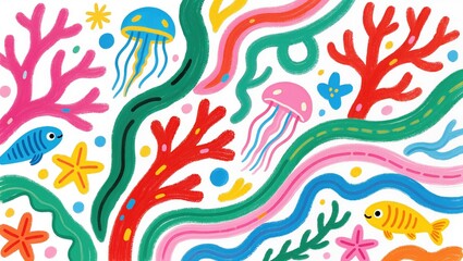 Fototapeta premium Colorful underwater sea life illustration with cute fish and jellyfish. Hand-drawn marine pattern with coral and seaweed for kids. Playful ocean animal background