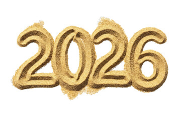 Fototapeta premium The year 2026 rendered in textured sand, transparent background