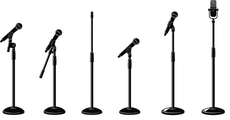 Black and white vector icon set featuring various professional microphones on stands for stage performance and studio recording © Md