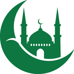 Green silhouette of mosque inside crescent, Islamic architecture and celebration theme illustration, transparent background graphic