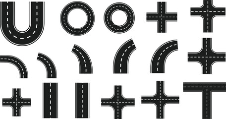 Black and white vector icon set featuring various road segments highway intersections roundabouts and curved paths for urban mapping © Md