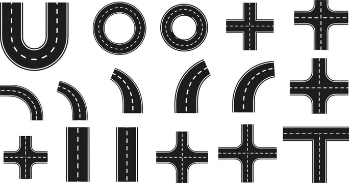Black and white vector icon set featuring various road segments highway intersections roundabouts and curved paths for urban mapping