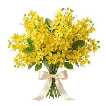 Yellow Cassia Fistula Flower Bouquet With White Ribbon