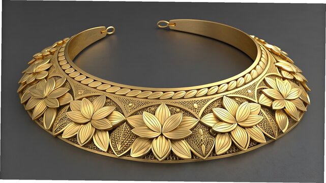 Ornate golden torc necklace adorned with intricate floral motifs