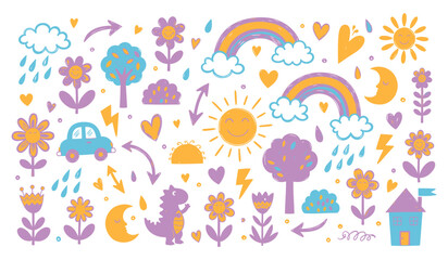 Chalk cute kids elements, crayon pencil preschool kindergarten doodle icons set. Hand drawn daycare and children drawing