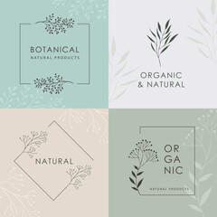 Minimal botanical logo set with leaves and branches. Organic and natural branding templates for cosmetics, skincare, eco products, wellness, packaging, labels and beauty brands.