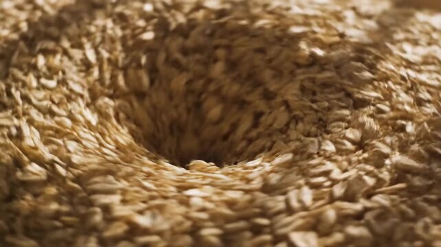 Sunlight illuminates individual light brown oat flakes gently spiraling upward and outwards forming a massive wide swirling ring under soft daylight conditions wellness, wide shot, environmental