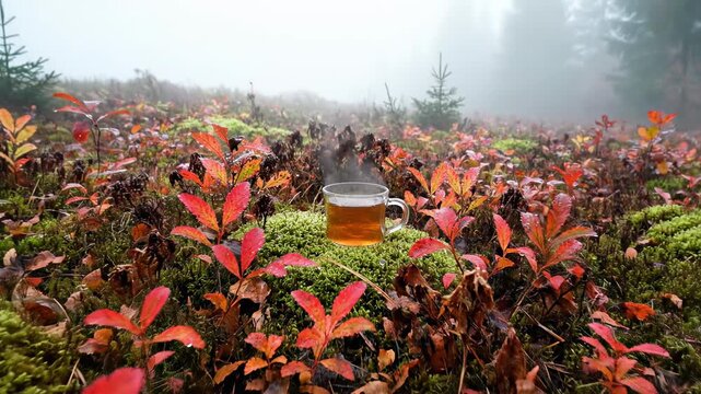 Subtle aerial view gliding backward away from a warm glass of herbal tea set upon wet moss and colorful decaying foliage in a dense fog seasonal transition, misty forest, natural light