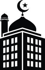Silhouette of mosque with crescent moon and star, Islamic architecture and spirituality theme illustration, transparent background graphic