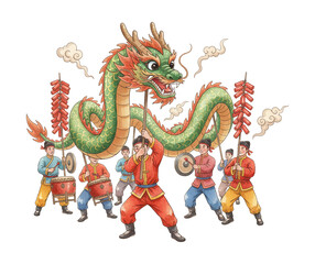 Fototapeta premium Asian men joyfully performing a traditional Chinese dragon dance with drums gongs and firecrackers celebrating