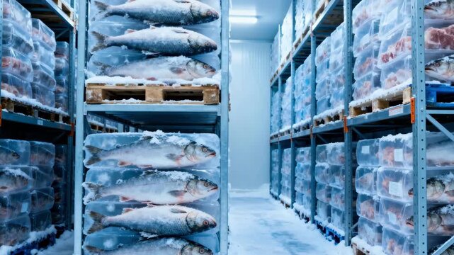 Medium shot of pallet racks stacked with frozen chubs in cold storage showcasing organized rows under precise temperature control for raw frozen formulas.