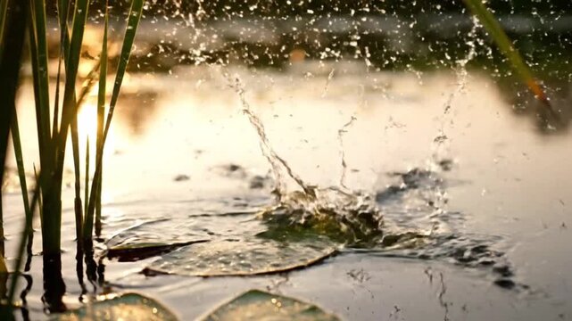 Slow motion footage of a green frog jumping from a lily pad into calm pond water during golden hour