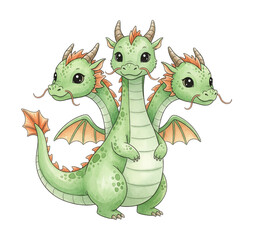 Fototapeta premium Adorable three headed green dragon standing happily smiling with orange wings and horns