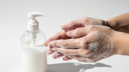 Fototapeta premium person washing hands with soap and hand sanitizer on white background