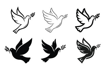 A collection of black Dove of peace silhouettes, flying birds, ideal for graphic design and illustration projects