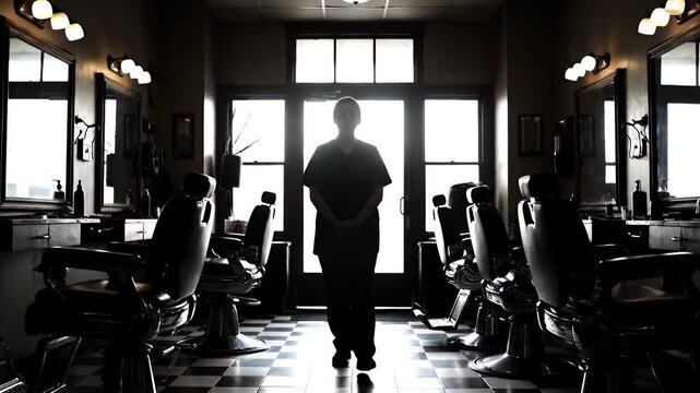 Silhouette of a person walking towards the bright light of the door.