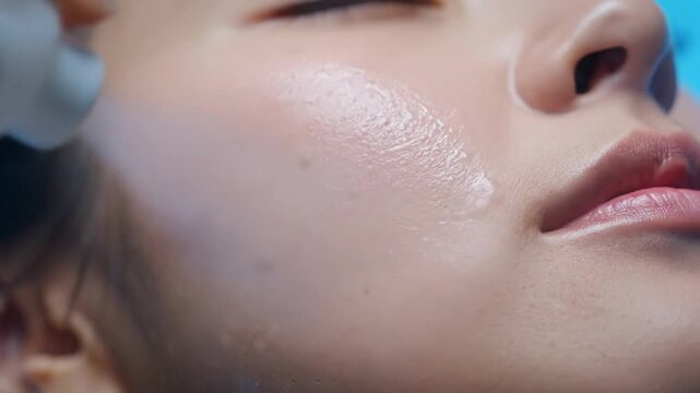Close-up detail of a woman's cheek receiving gentle application of a hydrating facial serum, highlighting radiant skin and a rejuvenating beauty routine for a glowing complexion
