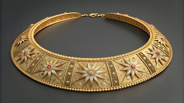 Ornate ancient gold torc necklace with star motifs