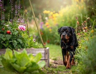 A muscular black and tan dog walks toward the viewer through a vibrant flower garden on a sunny day