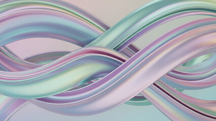Intertwined smooth metallic ribbons with a pearlescent sheen, flowing and swirling in pastel hues of pink, green, and blue.