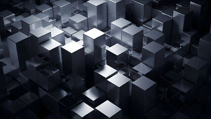 A dense field of metallic cubes of varying heights, casting dramatic shadows under angled lighting, suggesting urban cityscape.