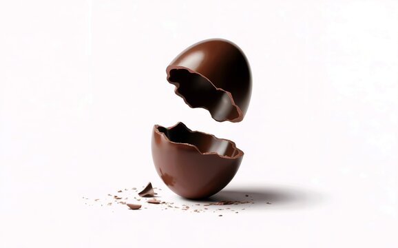 A broken, rich chocolate Easter egg, with the top floating above bottom half white background.