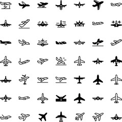 Fototapeta premium Collection of Diverse Airplane Icons and Symbols Representing Aviation Transport and Travel, Airplanes in Flight and on Ground