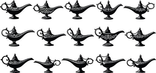Black magic oil lamp silhouettes set, Arabian nights fantasy lanterns, antique mystical genie lamps © Hello Wolrd