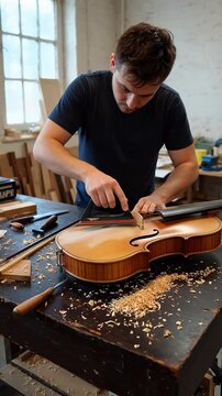 Skilled luthier meticulously carves a violin bridge in a rustic workshop setting