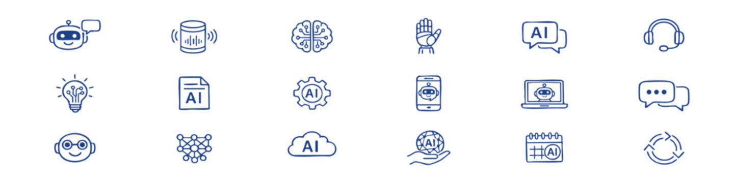Chatbot Line Editable Icons set. Vector illustration in modern thin style of artificial intelligence related icons: virtual assistant, support, creative ai, and more. Isolated on white background