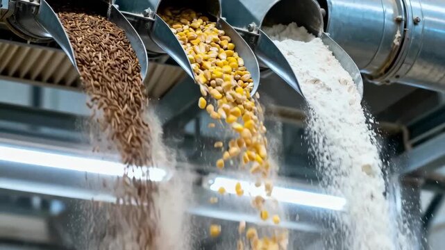 Medium shot of airflow classifiers separating bran and germ from endosperm with particles visibly divided by controlled air currents in an industrial milling facility.