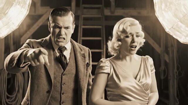 Vintage Hollywood Film Set Scene - Actors in Dramatic Performance.