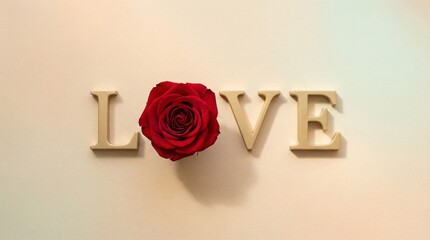 LOVE Word with Red Rose on Pastel Background &ndash; Romantic Valentine Concept