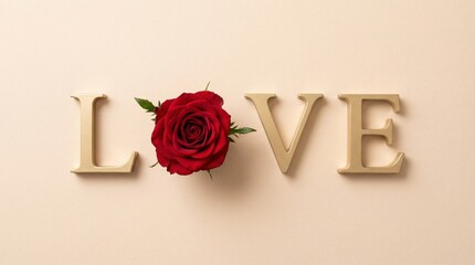 LOVE Word with Red Rose on Pastel Background &ndash; Romantic Valentine Concept
