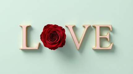 LOVE Word with Red Rose on Pastel Background &ndash; Romantic Valentine Concept