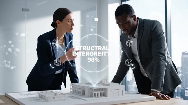 Business professionals collaborating on architectural project with 3D model and structural integrity data visualization